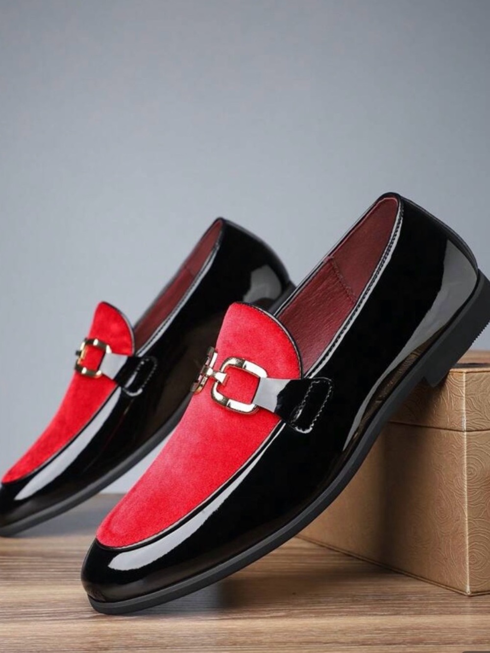 Men's Red Suede & Black Patent Slip-On Loafers with Gold Bit